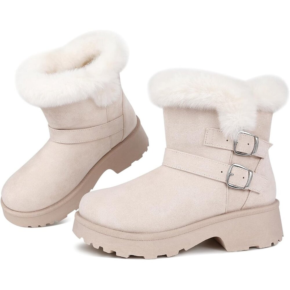 Women's Chunky Low Heel Snow Boots With Fashion Buckle Slip-On Booties Beige